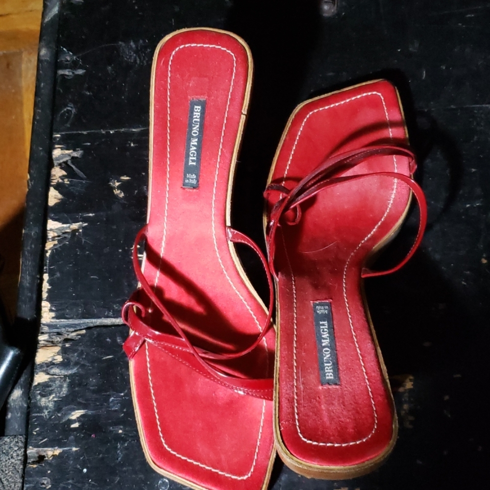 Bruno Magli red Patten leather sandals.
